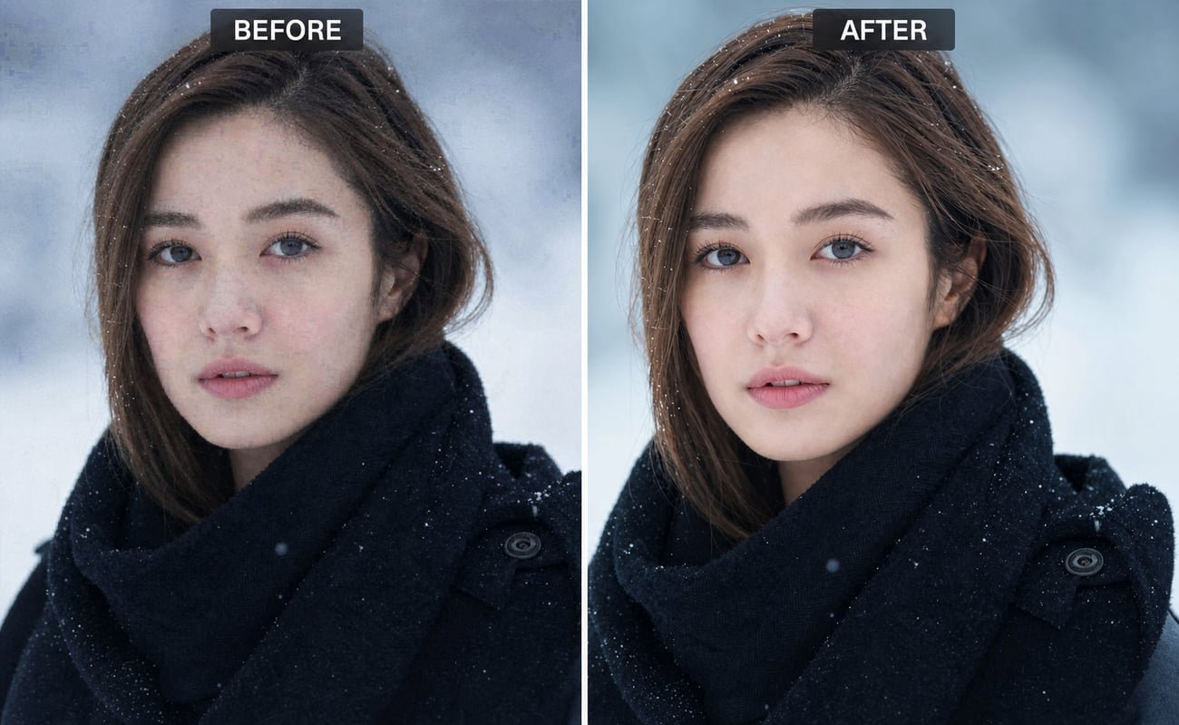 Before and after retouching — smoother skin, removed artifacts